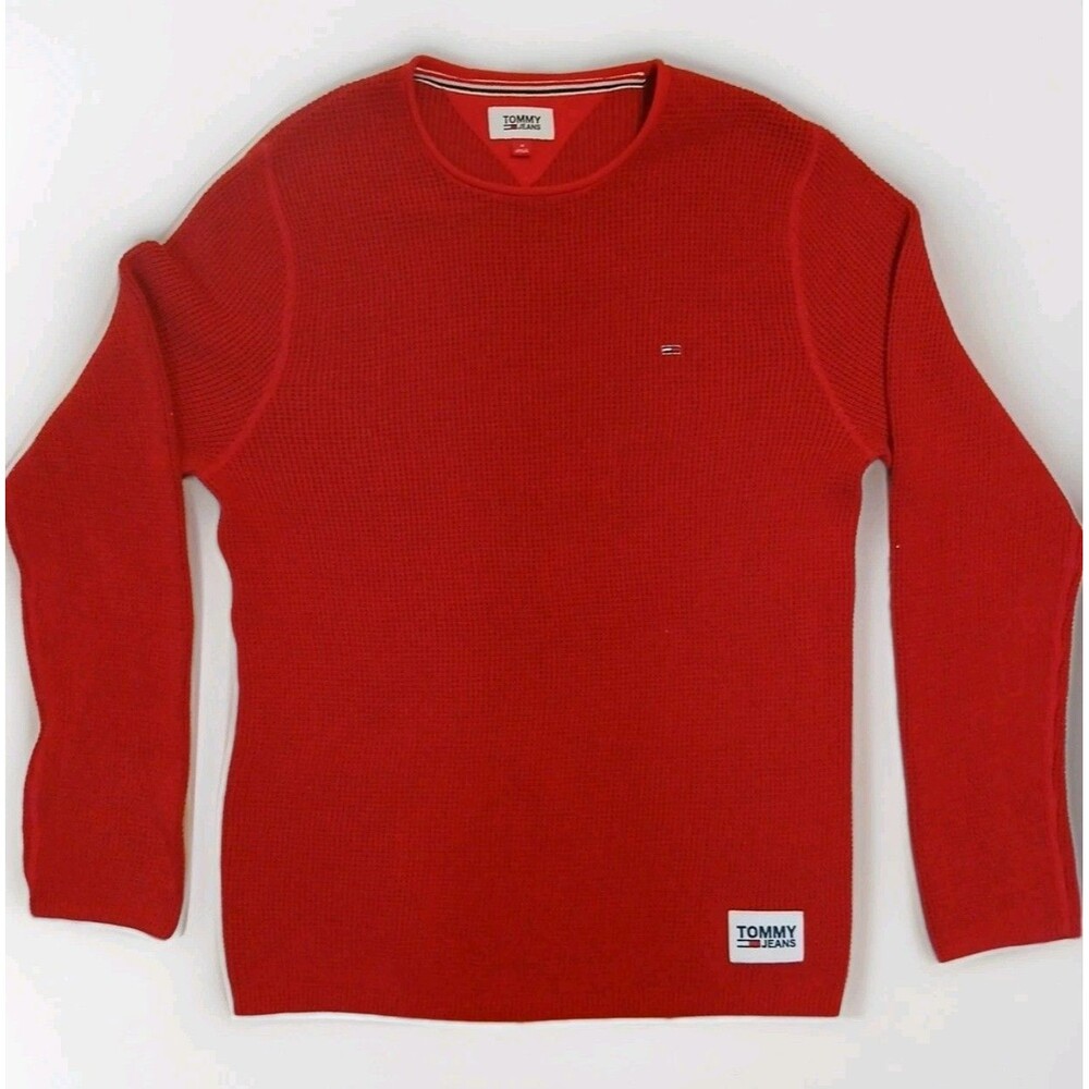 Tommy Hilfiger Jeans Sweater Men Large Waffle Knit Crew Neck Red